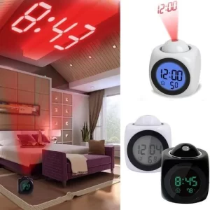 Round White Digital LCD Projector Alarm Clock with Talking Feature