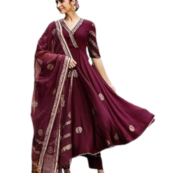 GoSriKi Women's Rayon Blend Printed Anarkali Kurta with Pant & Dupatta