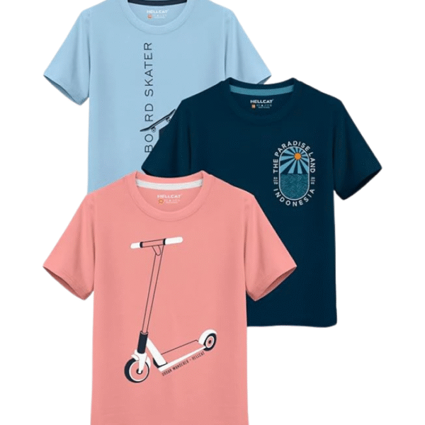 HELLCAT Boys Round Neck Printed Blended Cotton Tshirt -Combo Pack of 2 - Orange/Blue
