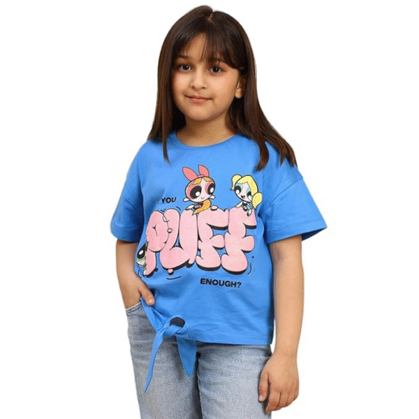 Kidsville Official Powerpuff Girls Graphic Printed Girls Blue Relaxed Fit Tshirt for Kids Girls