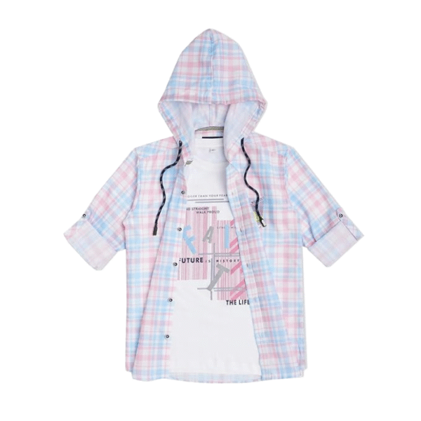 CAVIO Boys Checks Print Hooded Shirt and T-Shirt