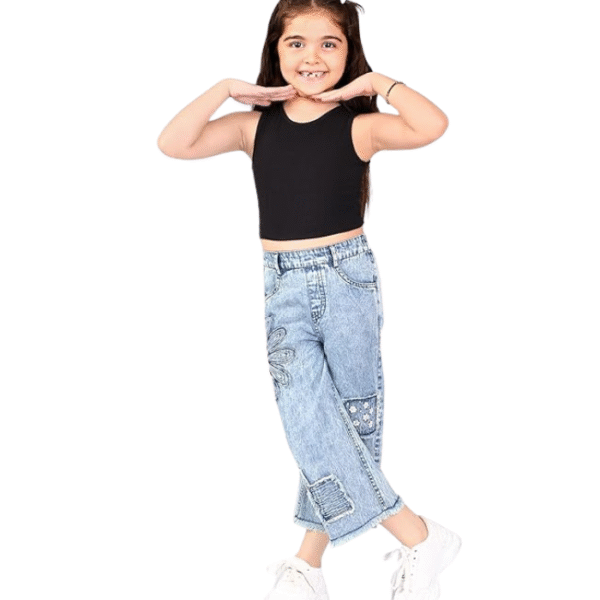 Naughty Ninos Girls Blue Embroidered Pure Cotton Flared Jeans