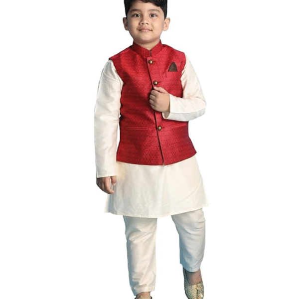 VASTRAMAY Boys Cotton Jacket, Kurta And Pyjama Set